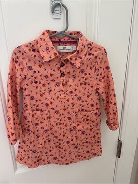 Vineyard Vines Girls' Coral Pink Floral Corduroy Popover Dress